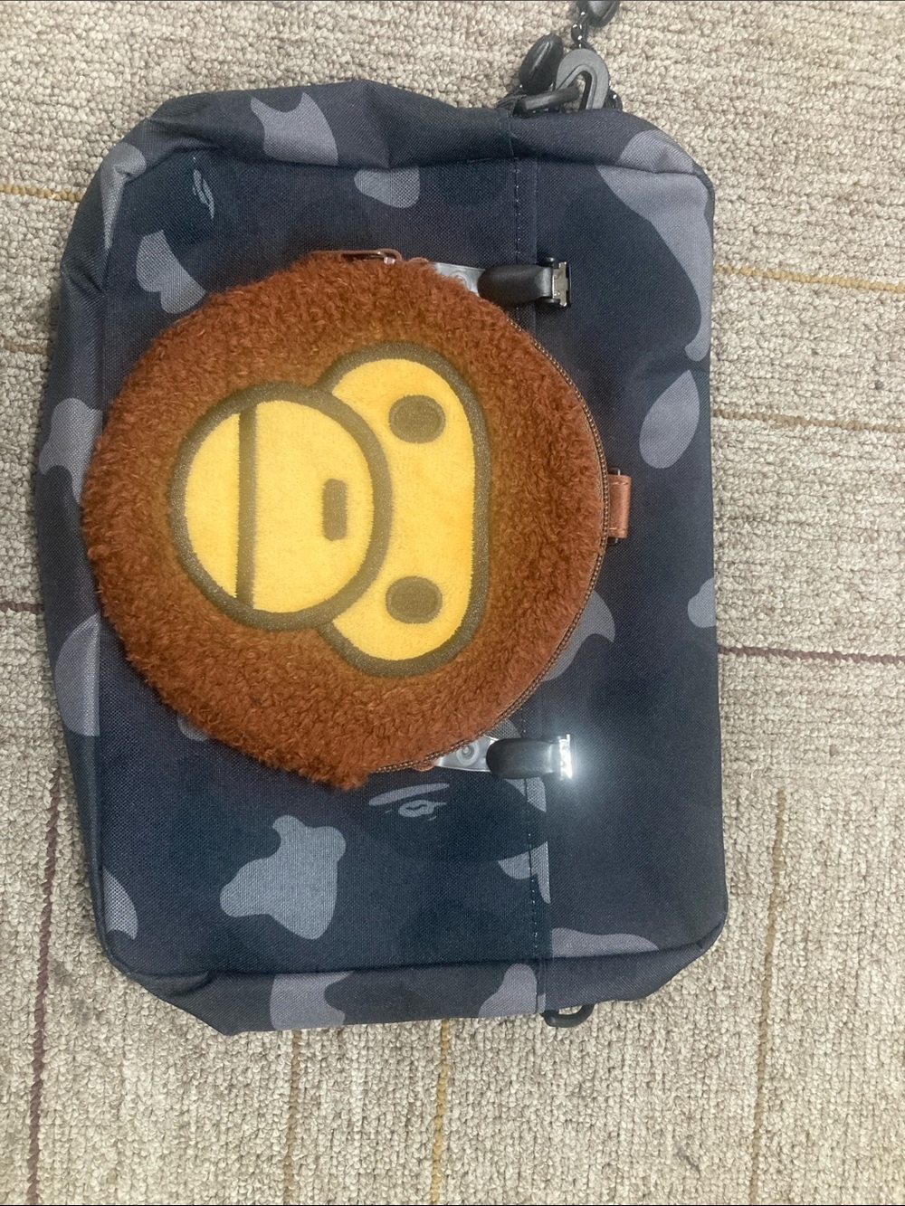 Plush Monkey Coin Pouch on Camouflage Crossbody Bag - Brown & Yellow